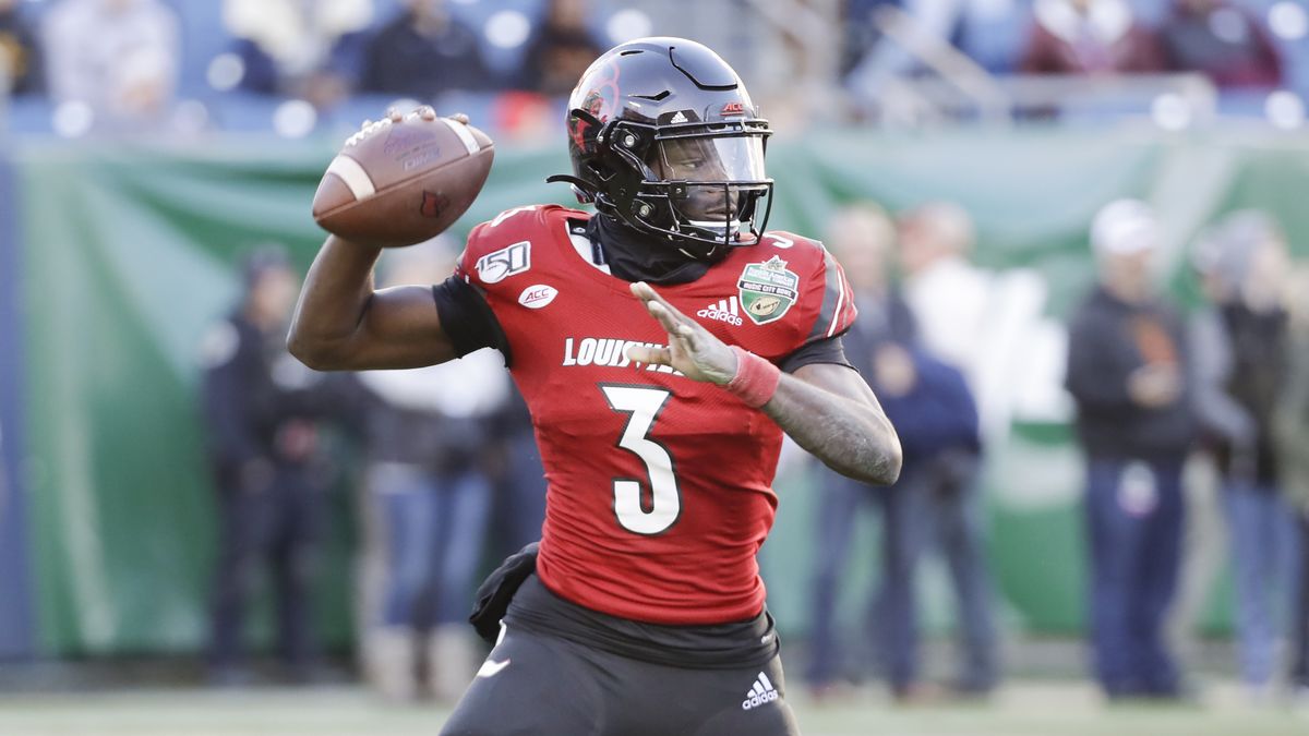 Louisville quarterback Micale Cunningham (3) plays against Mississippi State in the Music City Bowl NCAA college football game Monday, Dec. 30, 2019, in Nashville, Tenn.  (Associated Press)