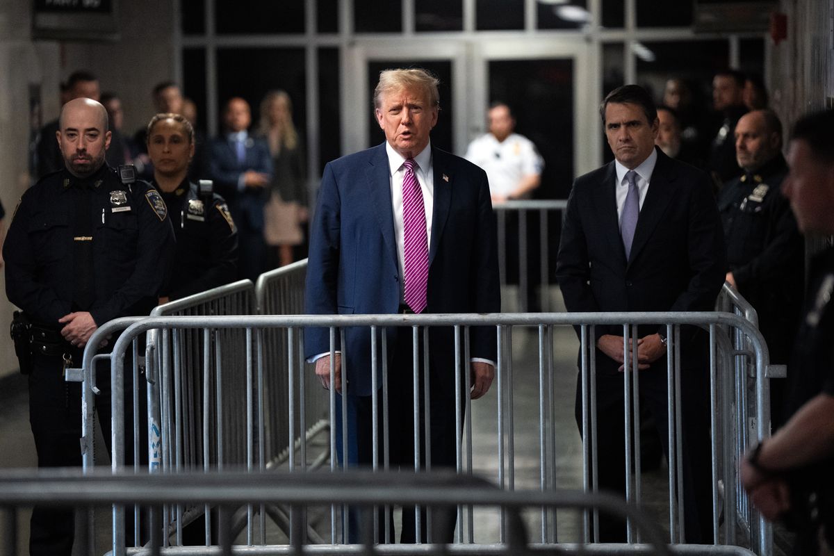 Former President Donald Trump speaks to the media at the end of the day during his criminal trial as jury selection continues at Manhattan Criminal Court on April 19, 2024 in New York City. Trump was charged with 34 counts of falsifying business records last year, which prosecutors say was an effort to hide a potential sex scandal, both before and after the 2016 presidential election. Trump is the first former U.S. president to face trial on criminal charges.   (Photo by Maansi Srivastava - Pool/Getty Images)