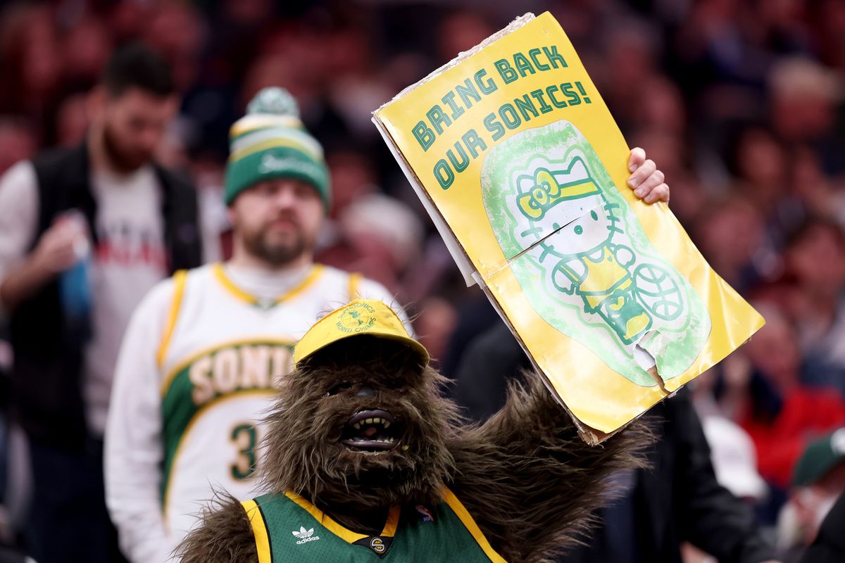 A Seattle Supersonics fan dressed as Bigfoot is seen during a game between Gonzaga and Kentucky at Climate Pledge Arena on Dec. 7, 2024, in Seattle. (Tribune News Service)