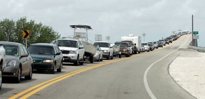 Traffic headed out of town backs up on a highway leaving Key West, Fla., on  Sunday.  (Associated Press / The Spokesman-Review)