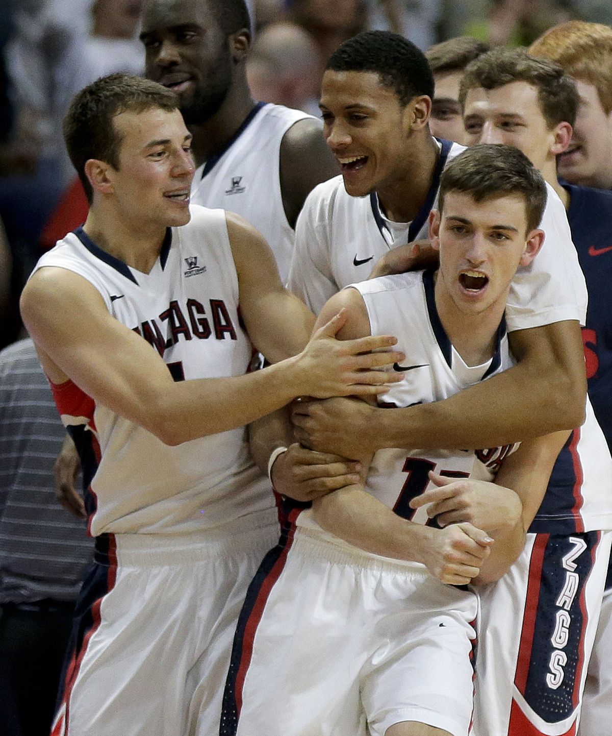 David Stockton’s, center, winning shot made it twice this season that the Zags broke SCU’s hearts. (Associated Press)