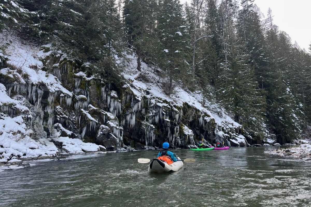 Paddlers from the Vandal Whitewater Club enjoy a brisk outing on the Saint Maries River in February. (Photo courtesy of Connor Potratz)