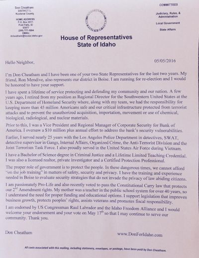 A copy of the letter of what appears to be official Idaho House letterhead, mailed to constituents by state Rep Donald Cheatham, R-Post Falls. CLICK ON PHOTO FOR LARGER IMAGE.