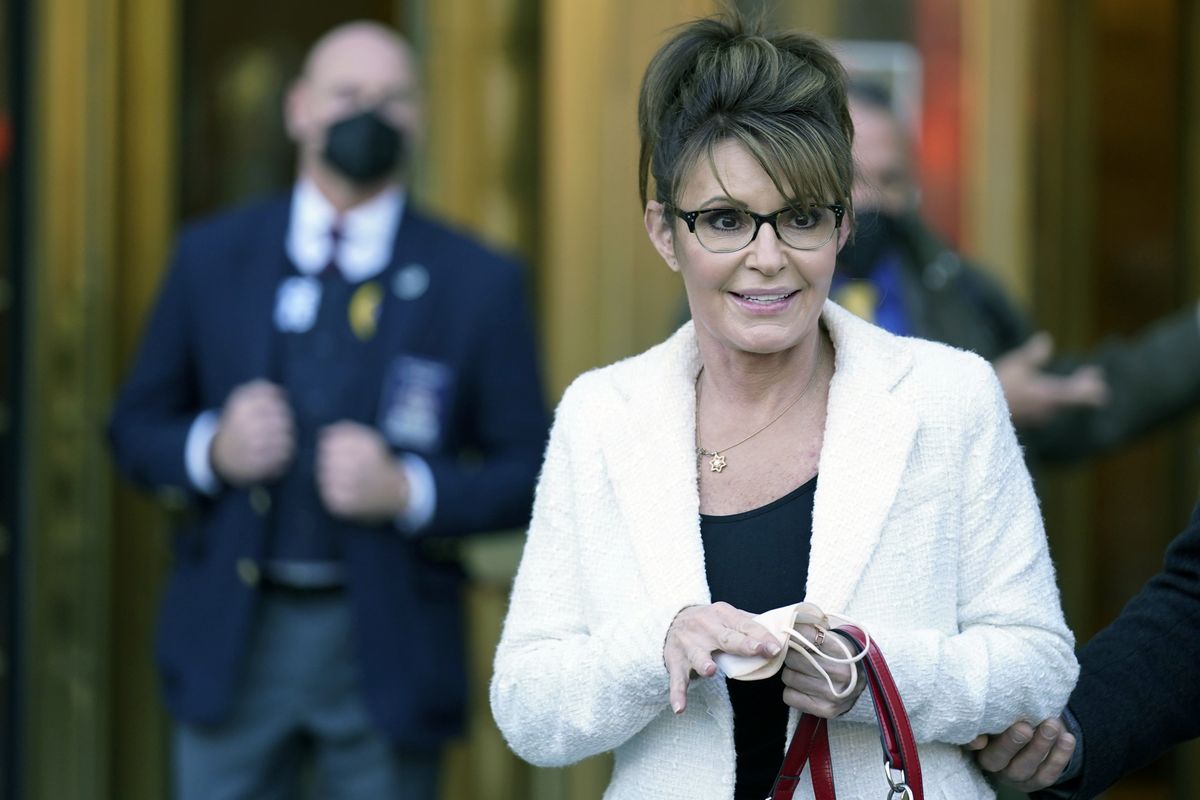 Sarah Palin leaves the courthouse in New York, Thursday, Feb. 10, 2022. Former Alaska Gov. Sarah Palin told a jury Thursday she felt like she was at the mercy of a “Goliath” when she first learned a 2017 New York Times editorial suggested her campaign rhetoric helped incite a mass shooting. (Seth Wenig)