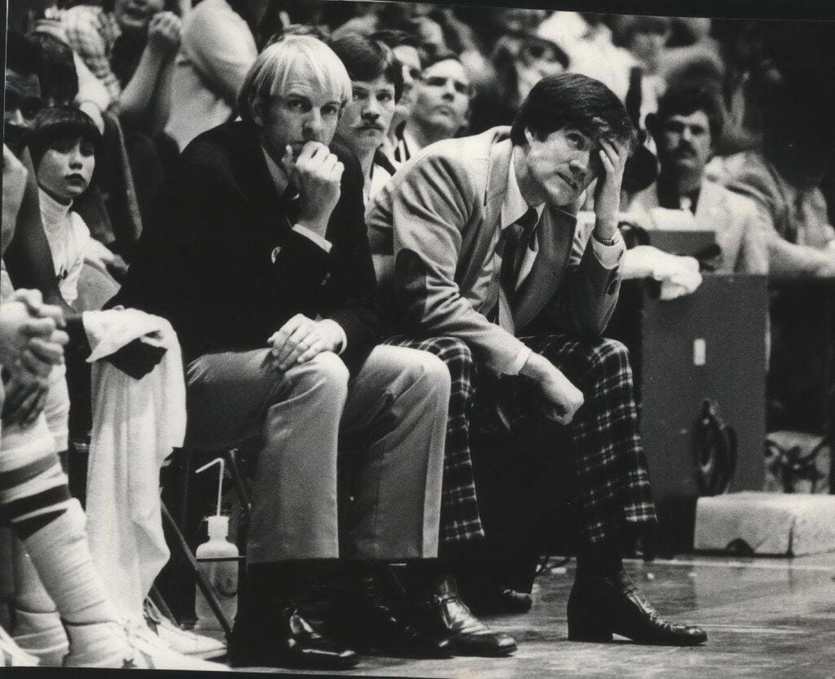 Dan Fitzgerald on the sidelines with Gonzaga assistant coaches in 1979. 