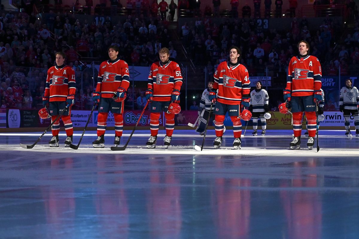 Spokane Chiefs stand for the National Anthem during the Western Conference semi finals game against the Victoria Royals on Tuesday, April. 22, 2025 at Spokane Arena in Spokane WA.  (James Snook)