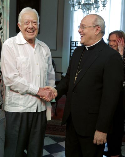 Former President Jimmy Carter, meets with Cardinal Jaime Ortega in Havana on Monday. (Associated Press)