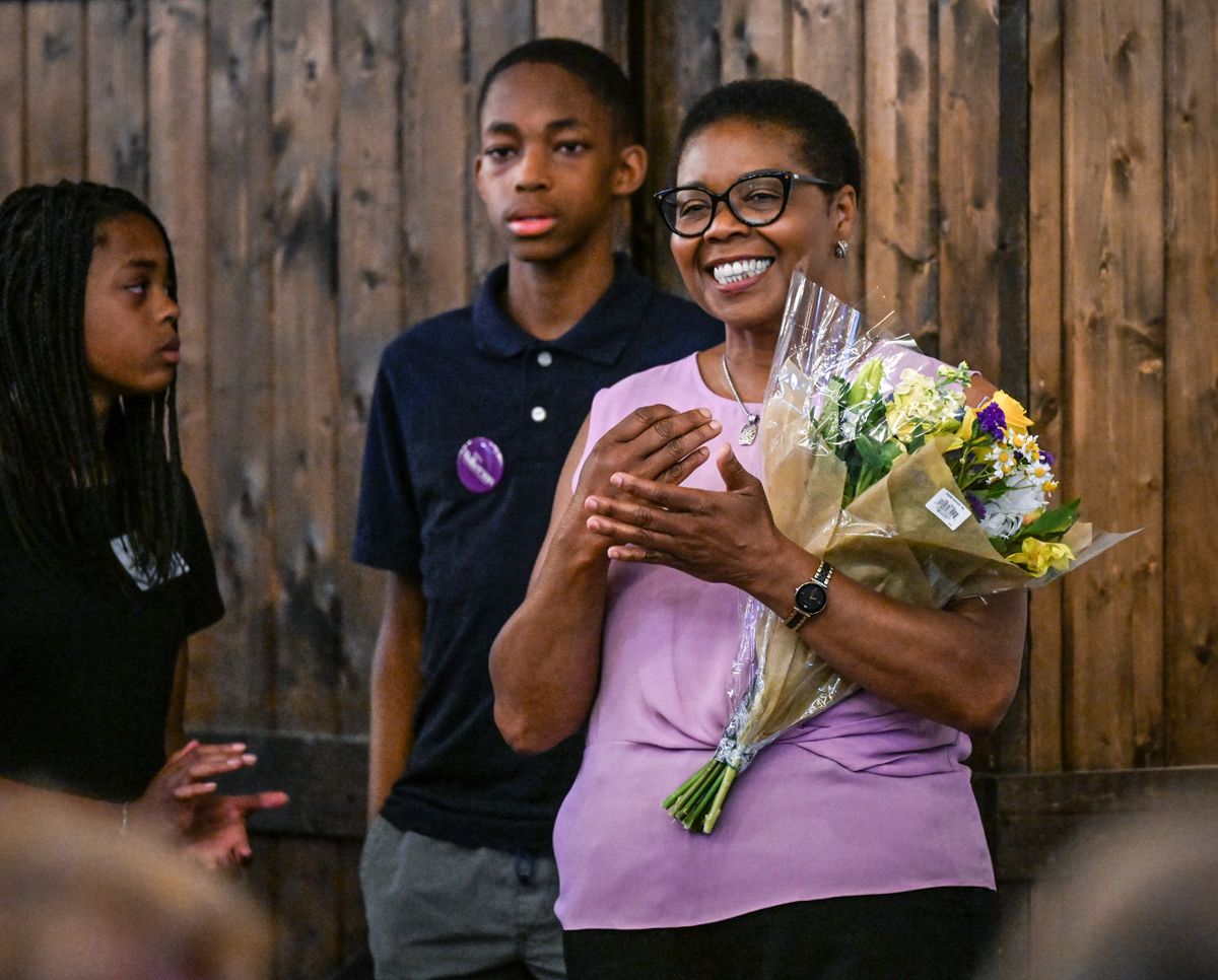 Council President candidate Betsy Wilkerson is all smiles as election results are revealed during a gathering at Overbluff Cellars in the Cracker Building on Tuesday in Spokane.  (DAN PELLE/THE SPOKESMAN-REVIEW)