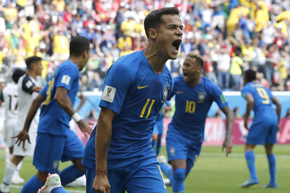 Brazil’s Philippe Coutinho celebrates scoring his side’s opening goal during the Group E match between Brazil and Costa Rica at the 2018 soccer World Cup in the St. Petersburg Stadium in St. Petersburg, Russia, Friday, June 22, 2018. (Petr David Josek / Associated Press)