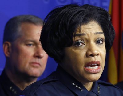 Phoenix Police Chief Jeri Williams, right, announces the arrest of Nathan Sutherland, a licensed practical nurse, on one count of sexual assault and one count of vulnerable adult abuse on an incapacitated woman who gave birth last month at a long-term health care facility Wednesday, Jan. 23, 2019, in Phoenix. (Ross D. Franklin / Associated Press)