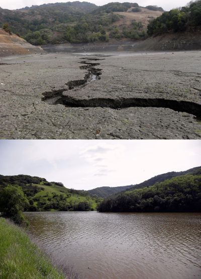 This  combination of two photos shows (top photo) the cracked-dry bed of the Almaden Reservoir on  Feb. 7, 2014, in San Jose, Calif., and (bottom photo) the same Almaden Reservoir full of water on Monday, March 14, 2016. (Marcio Jose Sanchez / Associated Press)