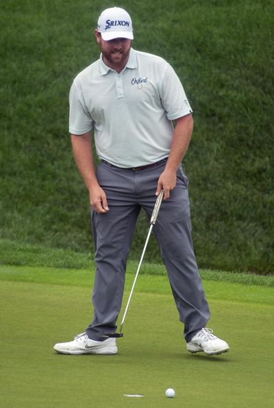 Zach Sucher grimaces as he misses a putt for birdie on the 18th green during the second round of the Travelers golf tournament in Cromwell, Conn., Friday, June 21, 2019. (Patrick Raycraft / Hartford Courant via AP)