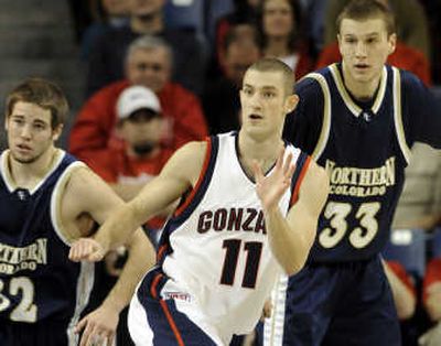 
Gonzaga's Andrew Sorenson flashes into the lane looking for the ball against Northern Colorado earlier this month. 
 (Dan Pelle / The Spokesman-Review)