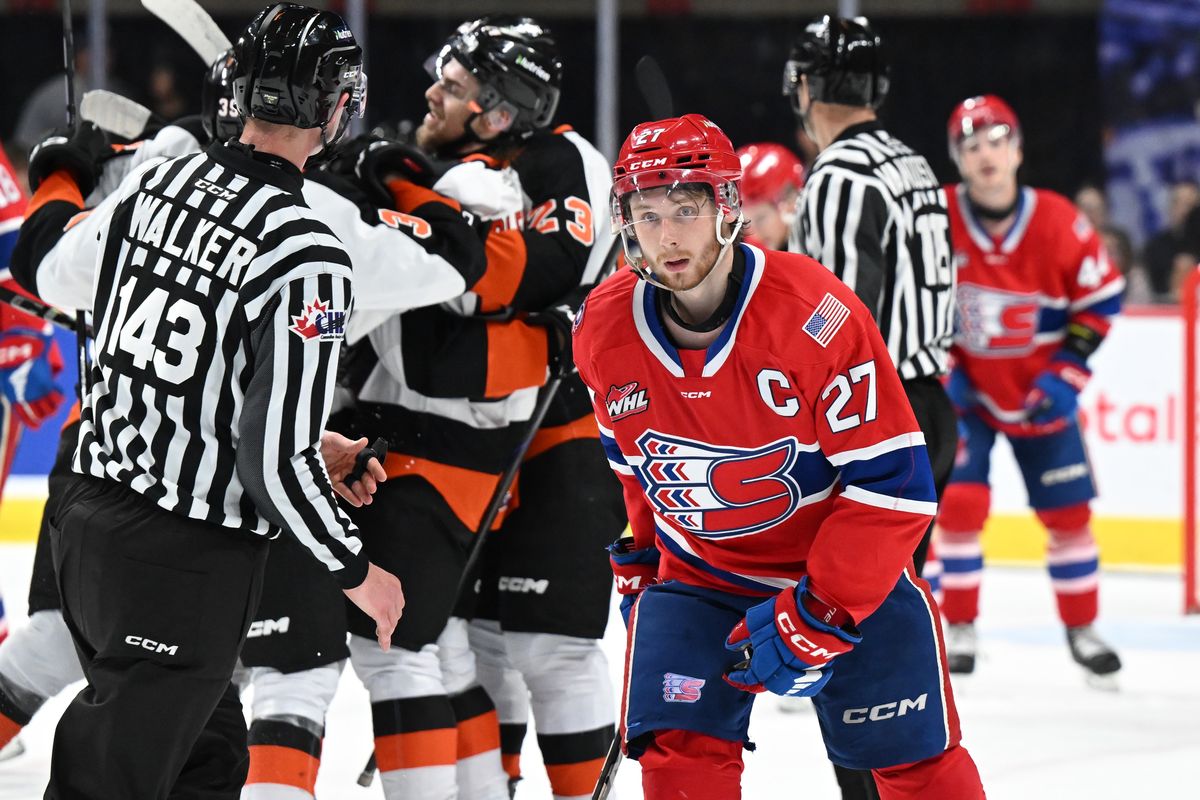 Chiefs Berkly Catton (27) reacts as Medicine Hat celebrates their fourth goal during the second period in Game 3 of the Western Hockey League Championship on Tuesday, May 13, 2025, at Spokane Arena in Spokane, Wash. (Tyler Tjomsland/The Spokesman-Review)