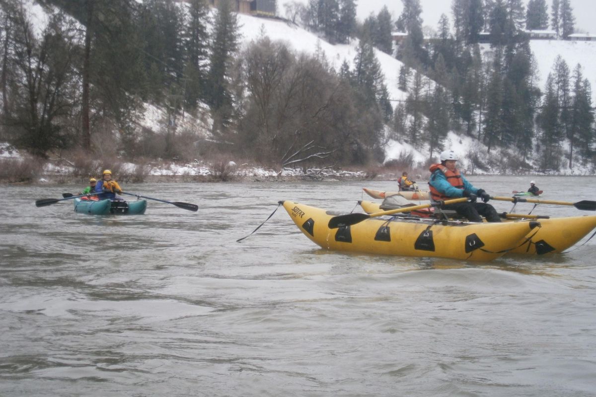 Nine brave souls participated in the 25th Annual “Only Fools Float on the First” river trip down the Spokane, Jan. 1 2018. Here participants float just below Bowl & Pitcher. (Paul Delaney / Courtesy)