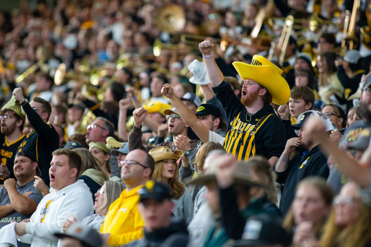 Idaho fans cheer after a touchdown against Montana State in the fourth quarter on Saturday, Oct. 28, 2023, at the Kibbie Dome in Moscow.  (Geoff Crimmins/The Spokesman-Review)