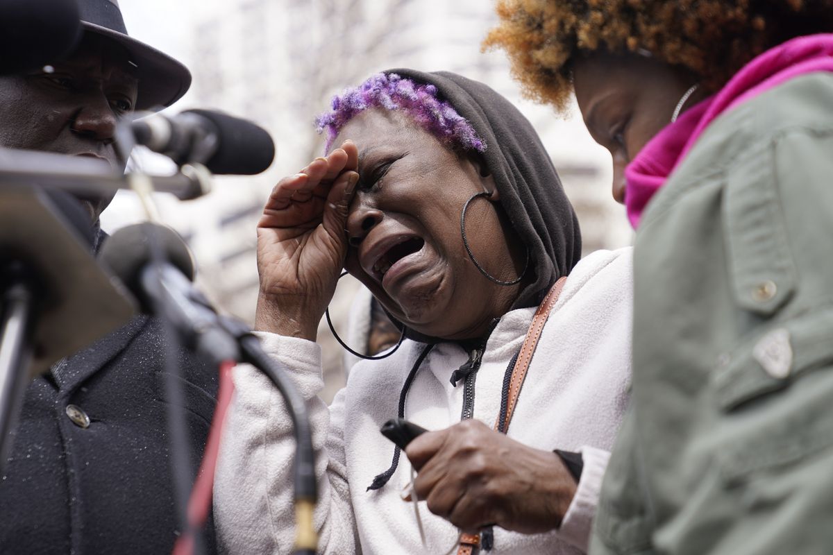 Angie Golson, grandmother of Daunte Wright, cries as she speaks during a news conference outside the Hennepin County Government Center, Tuesday, April 13, 2021, in Minneapolis. Daunte Wright, 20, was shot and killed by police Sunday after a traffic stop in Brooklyn Center, Minn.  (John Minchillo)