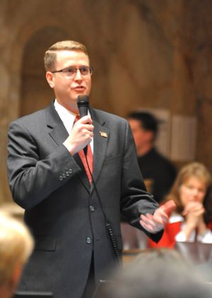 Rep. Matt Shea, R-Spokane Valley, argues for a vote against the Capital Budget bond bill which contains $1.1 billion in projects around the state. (Jim Camden/The Spokesman-Review)