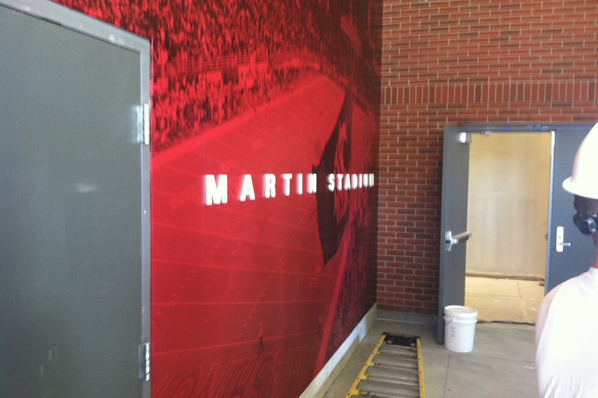 Branding on the outside of the club level of the new premium seating and press box structure at Martin Stadium. (Christian Caple)