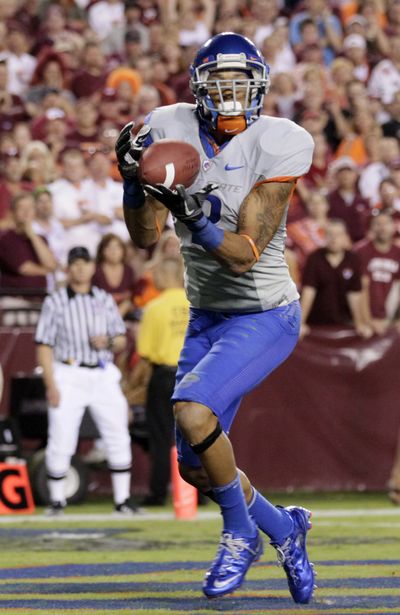 Boise State wide receiver Austin Pettis (2) catches the game winning touchdown in the fourth quarter of their NCAA college football game against Virginia Tech, Monday, Sept. 6, 2010, at FedEx Field in Landover, MD. Boise State won 33-30.  (Carolyn Kaster / Associated Press)