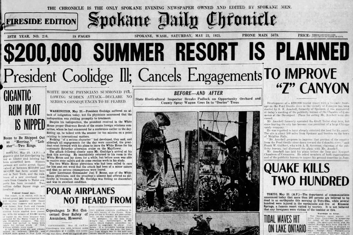 A former Spokane businessman announced an ambitious plan to develop a “$200,000 tourist resort with a two-mile frontage on the Pend Oreille River in the vicinity of Z Canyon,” the Spokane Daily Chronicle reported on May 23, 1925. (Spokesman-Review archives)