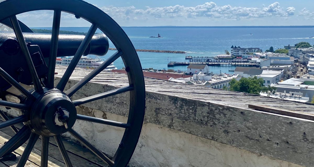 A cannon is displayed at Fort Mackinac, Mackinac Island, Mich., on Aug. 12, 2024. (Caitlin Miller/The Spokesman-Review)