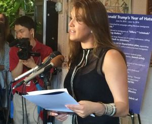 In this June 15, 2016, file photo, former Miss Universe Alicia Machado speaks during a news conference at a Latino restaurant in Arlington, Va., to criticize Republican presidential candidate Donald Trump. Machado became a topic of conversation during the first presidential debate between Trump and Democratic candidate Hillary Clinton on Sept. 27, 2016. (AP Photo/Luis Alonso Lugo, File)