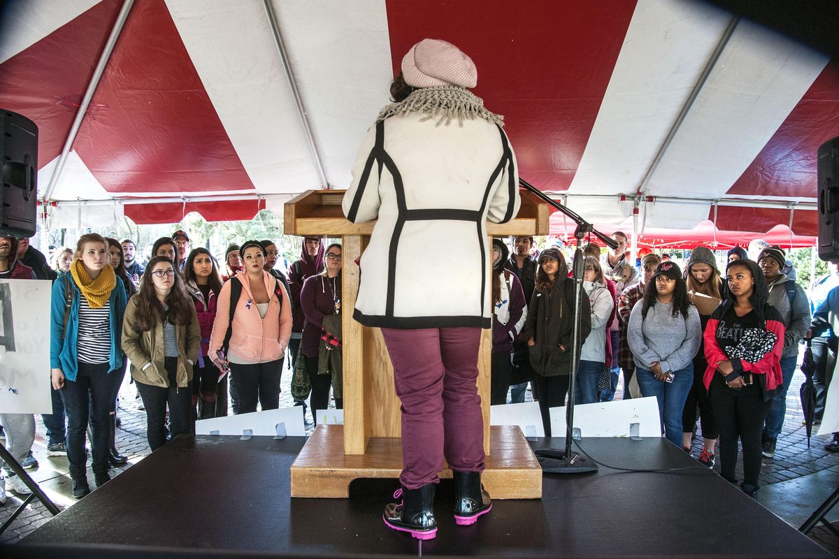 Eastern Washington University student Dulce Gutierrez Vasquez addresses the crowd on the Cheney campus mall during the Unity Rally hosted by the Multicultural Coalition of  EWU. (Dan Pelle / The Spokesman-Review)