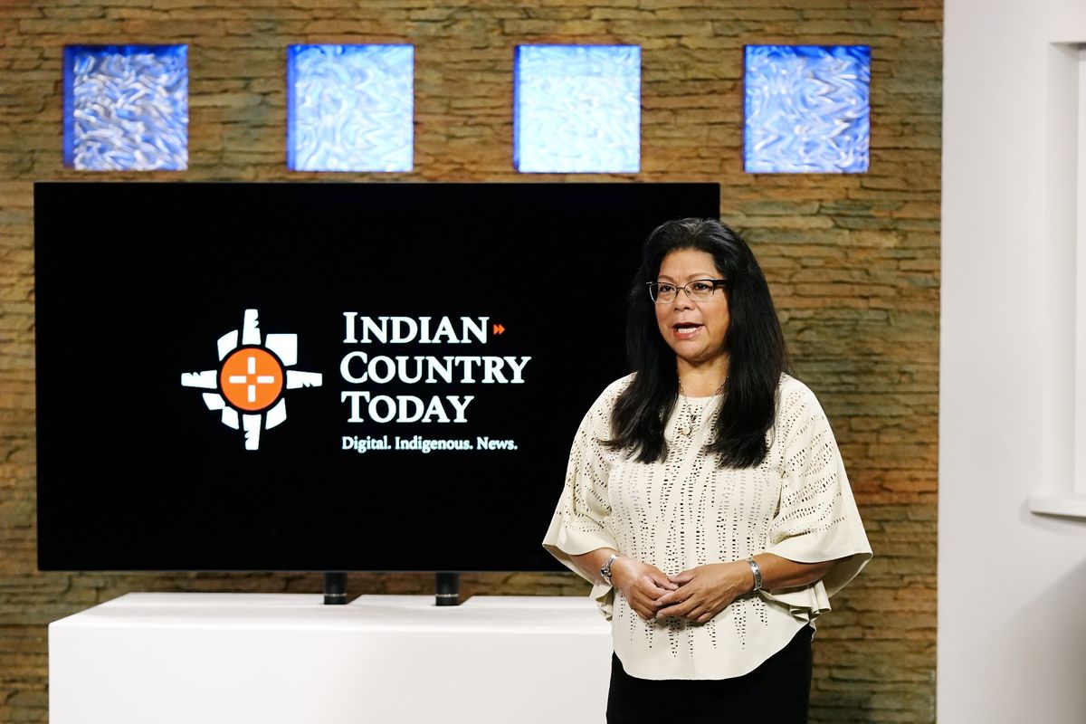 Indian Country Today executive producer and news broadcaster Patty Talahongva speaks during a news broadcast taping Friday, Sept. 10, 2021, in Phoenix. Native American communities have seen more robust news coverage in recent years, in part because of an increase in Indigenous affairs reporting positions at U.S. newsrooms and financial support from foundations.  (Ross D. Franklin)