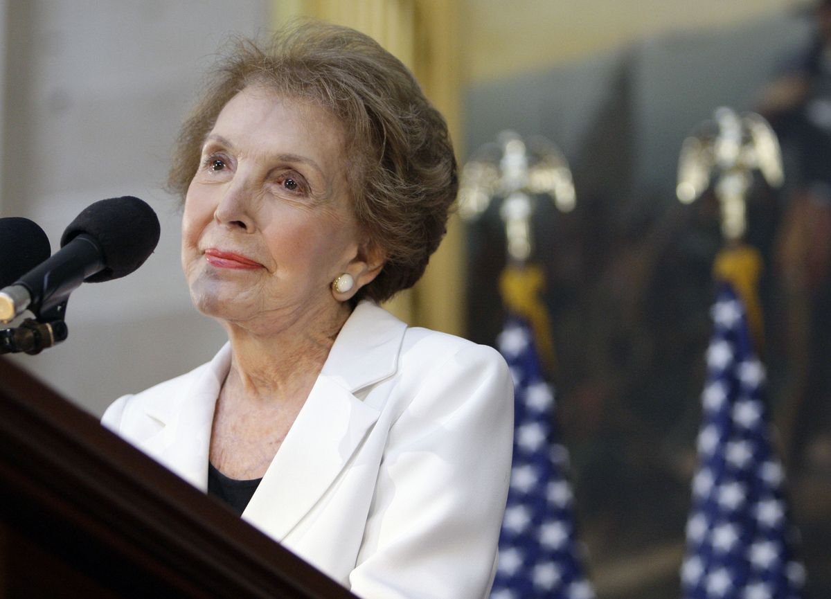 Former first lady Nancy Reagan speaks in the Capitol Rotunda on Wednesday. (Alex Brandon / The Spokesman-Review)