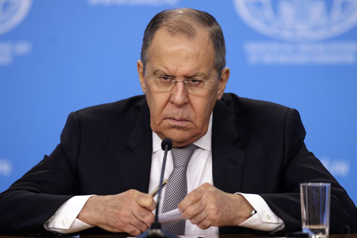 Russian Foreign Minister Sergey Lavrov attends his annual news conference in Moscow, Russia, Friday, Jan. 14, 2022.  (Dimitar Dilkoff)