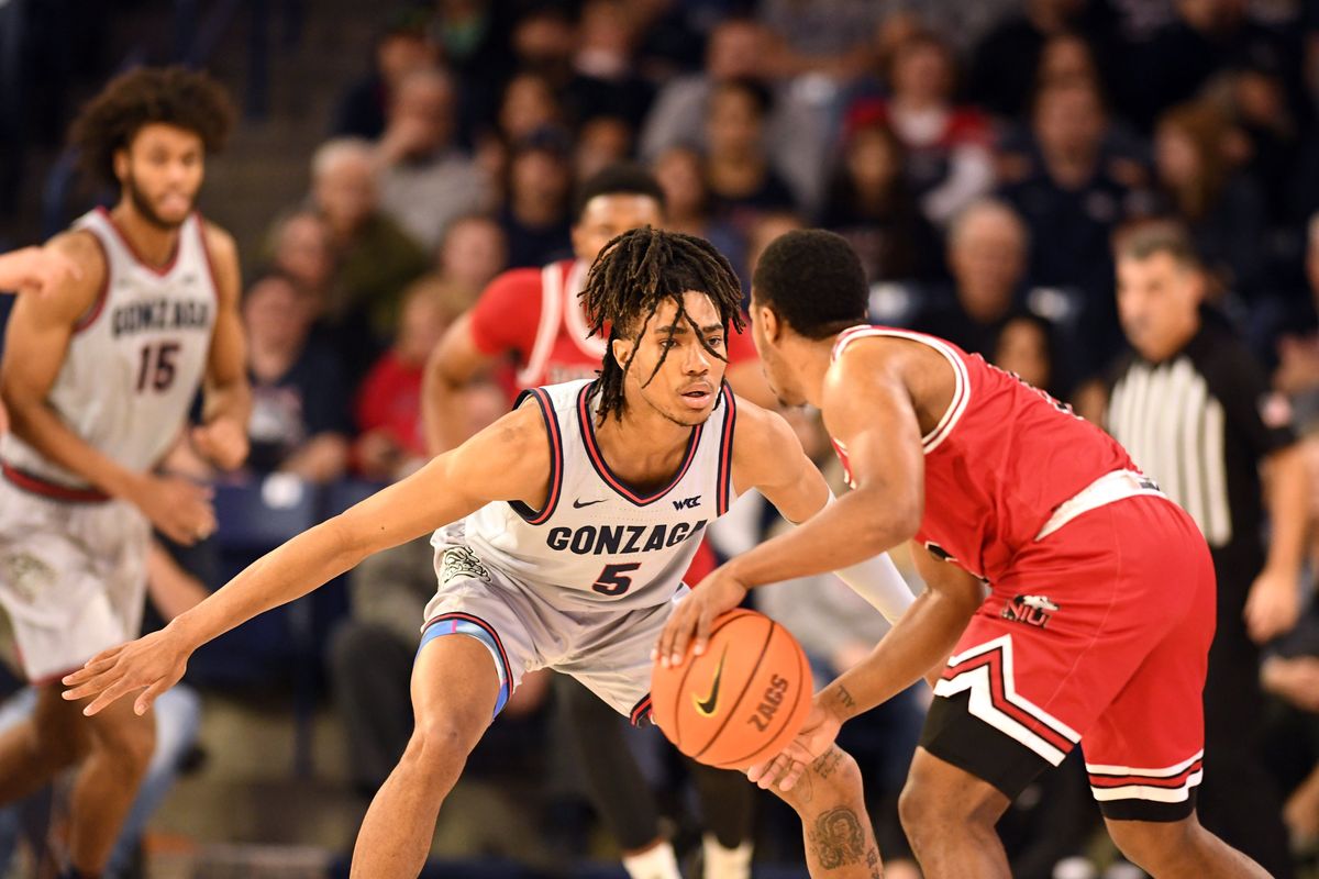 Gonzaga’s Hunter Sallis defends Northern Illinois guard David Coit during Monday’s nonconference game at McCarthey Athletic Center.  (Jesse Tinsley/The Spokesman-Review)