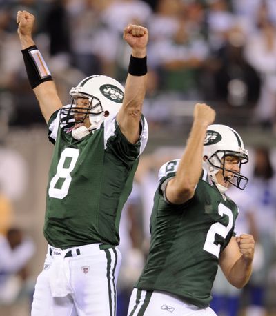 Jets kicker Nick Folk celebrates his winning kick against the Cowboys. (Associated Press)