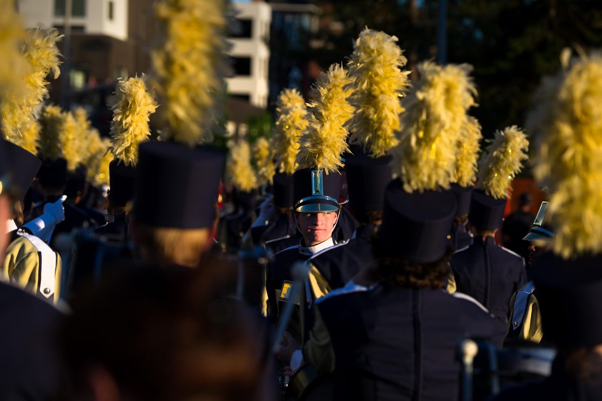 Members of the Mead High School band prepare to march in the 2017 Lilac Festival Armed Forces Torchlight Parade on Saturday, May 20, 2017, in Spokane, Wash. 
Tyler Tjomsland/THE SPOKESMAN-REVIEW (Tyler Tjomsland / The Spokesman-Review)