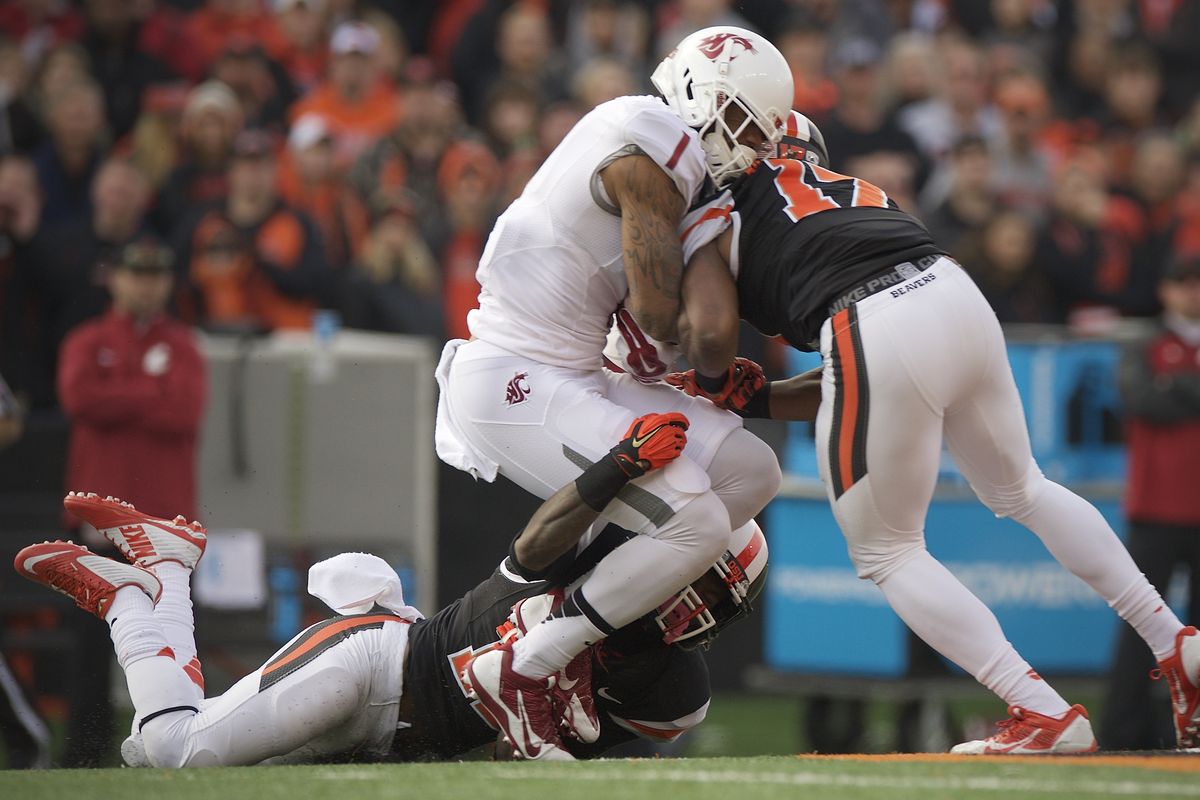 WSU receiver Vince Mayle played Saturday’s game in tribute to injured QB Connor Halliday. (Associated Press)