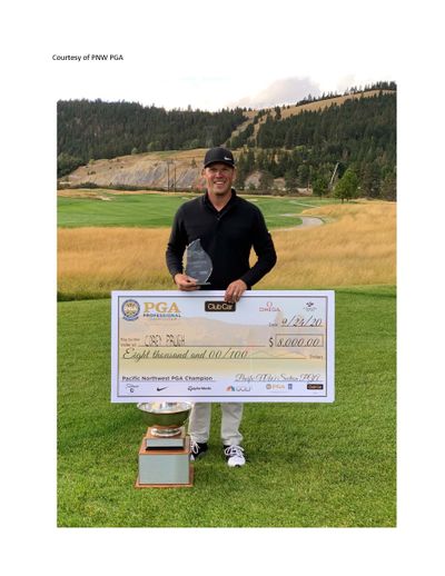 Corey Prugh received the spoils Thursday after a four-hole playoff in the Pacific Northwest PGA Championship at Canyon River Golf Club in Missoula. 