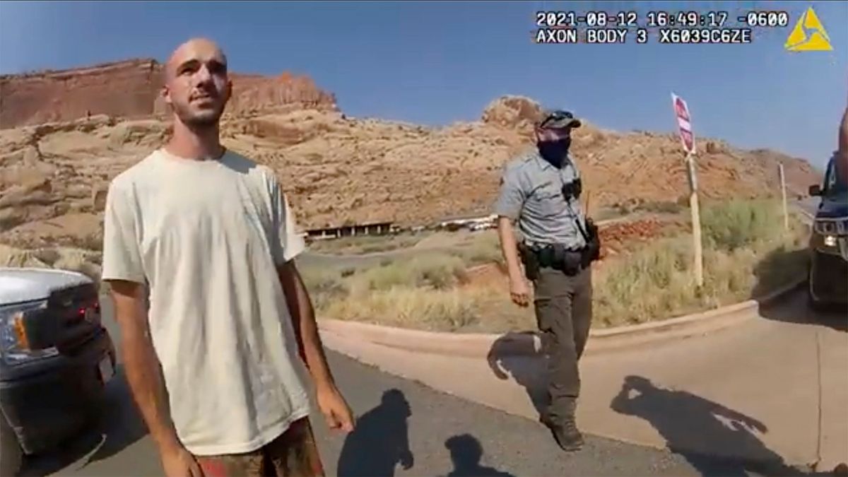 FILE - This Aug. 12, 2021 file photo from video provided by the Moab, Utah, Police Department shows Brian Laundrie talking to a police officer after police pulled over the van he was traveling in with his girlfriend, Gabrielle "Gabby" Petito, near the entrance to Arches National Park in Utah. The FBI on Thursday, Oct. 21, 2021, identified human remains found in a Florida nature preserve as those of Laundrie, a person of interest in the death of girlfriend Gabby Petito while the couple was on a cross-country road trip.  (HOGP)