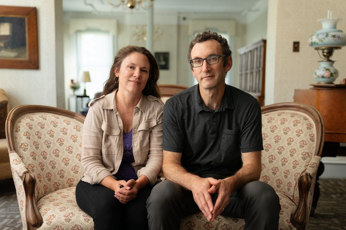 Directors and producers Amanda McBaine, left, and Jesse Moss behind the scenes of “Girls State,” premiering Friday on Apple TV+.  (Apple TV+)