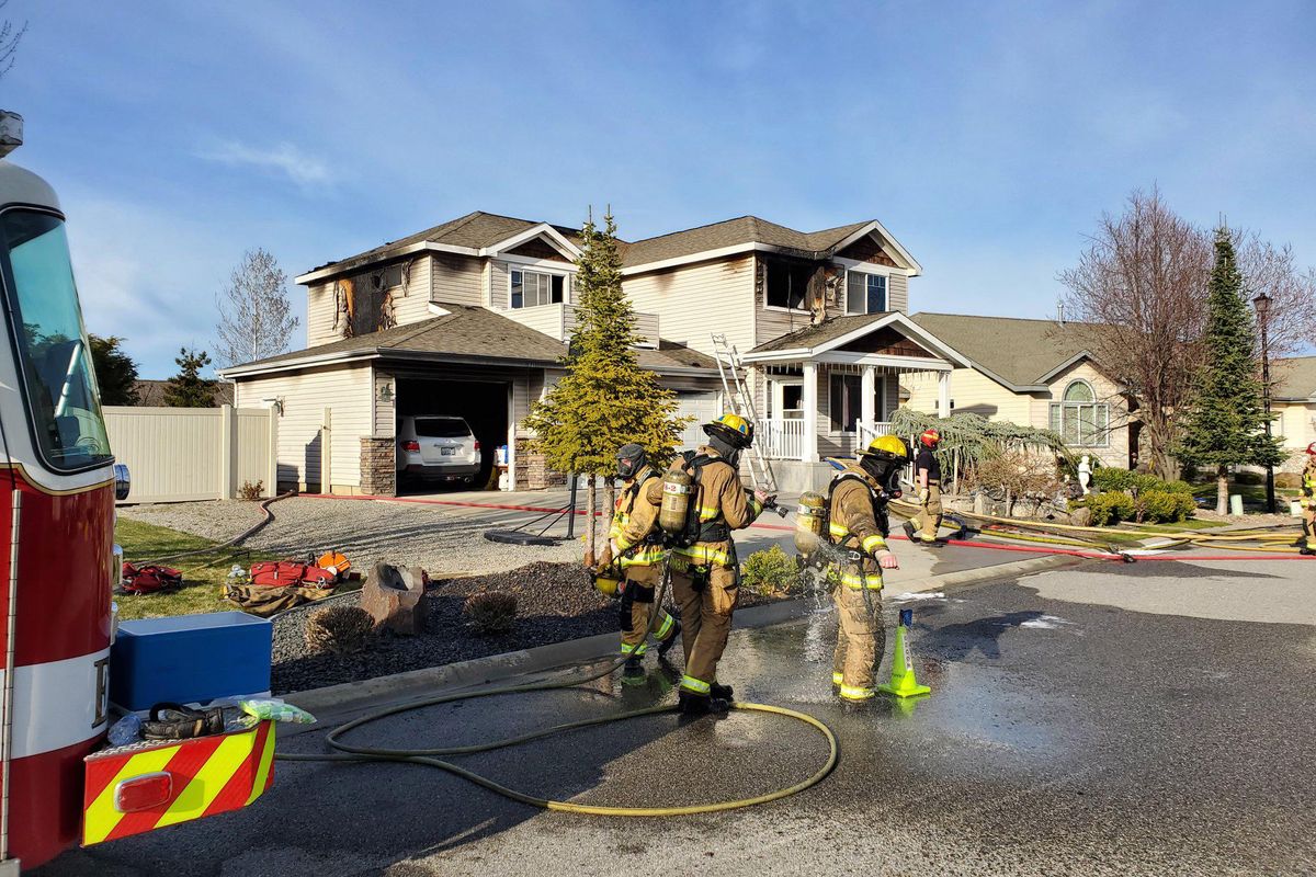 The Spokane Valley Fire Department responded April 8, 2020, to a residential fire in the 16300 block of East Ninth Lane in Shelley Lake in Spokane Valley, Wash. Crews from the Spokane Fire Department and Spokane County Fire District 8 assisted. (Spokane Valley Fire Department / Facebook page)
