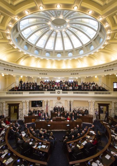 Gov. Butch Otter is applauded at his final State of the State address on Monday, Jan. 8, 2018, at the Idaho state Capitol in Boise. (AP / Otto Kitsinger)