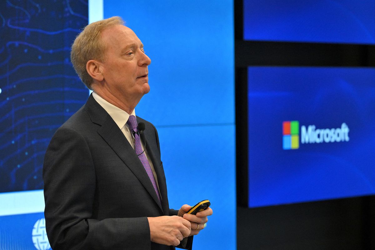 Microsoft Vice-Chair and President Brad Smith delivers a speech during a talk on “digital resilience in a time of geopolitical volatility” on April 30 at the Atlantic Council in Brussels. (Nicolas Tucat/AFP/Getty Images/TNS)