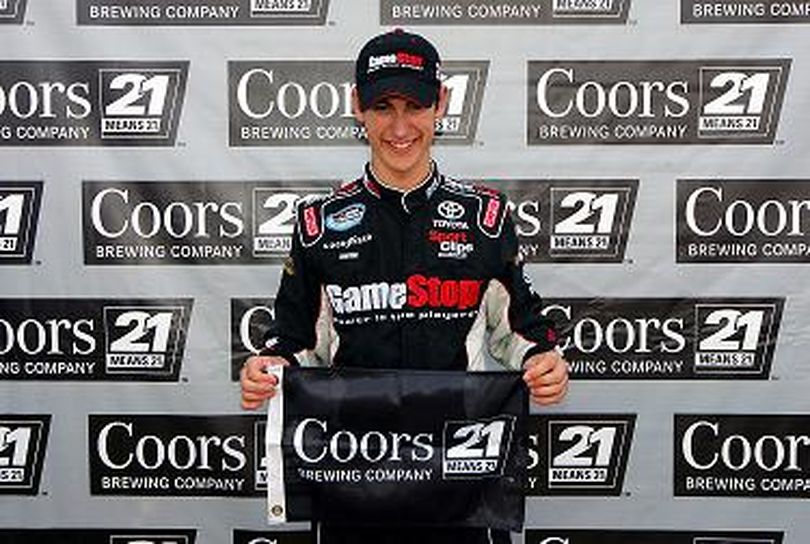 Joey Logano, driver of the No. 20 GameStop/Singularity Toyota, poses after qualifying on the pole for the NASCAR Nationwide Series Camping World RV Sales 200 Presented by Turtle Wax at New Hampshire Motor Speedway on Saturday in Loudon, N.H. (Photo Credit: Chris Trotman/Getty Images)  (Chris Trotman / The Spokesman-Review)