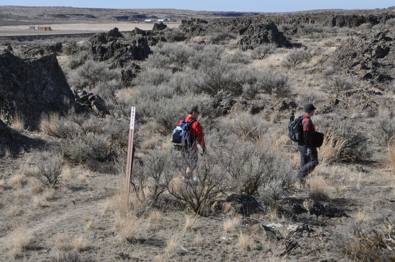Aaron Theisen, right, and Craig Romano explore the trail between Odessa and the BLM Lakeview Ranch in Lincoln County. (Rich Landers)