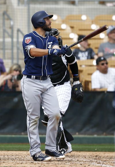 San Diego Padres’ Eric Hosmer watches his two-run home run against the Chicago White Sox during the fifth inning of a spring training baseball game Wednesday, March 21, 2018, in Glendale, Ariz. (Ross D. Franklin / Associated Press)