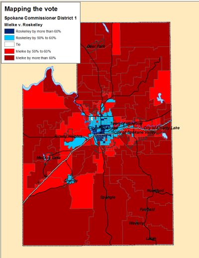 Map of the votes for Spokane County Commissioner District 1 base on Election Night totals (Jim Camden)