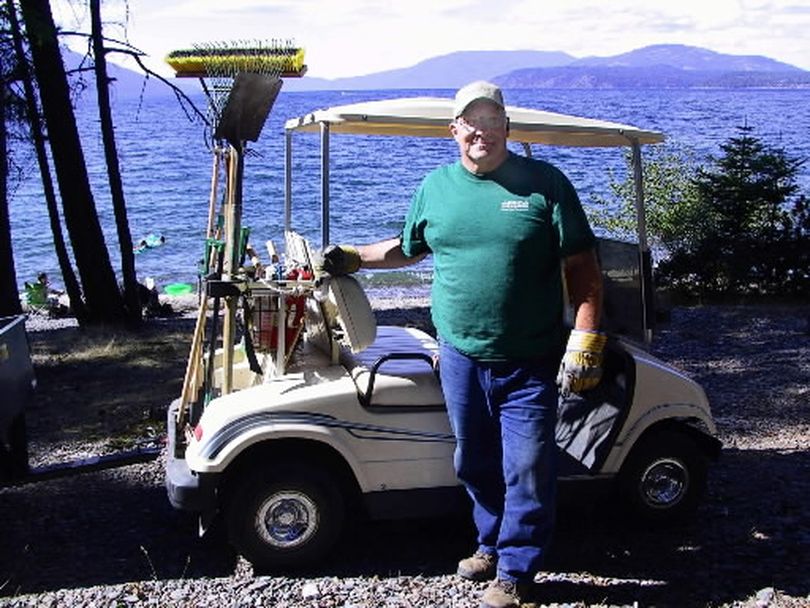 Campground hosts donate time to maintain campgrounds in exchange for free camping at choice locations, especially in Idaho.  This photo features Joe Willard, a host at Sam Owen Campground on the north end of Lake Pend Oreille.