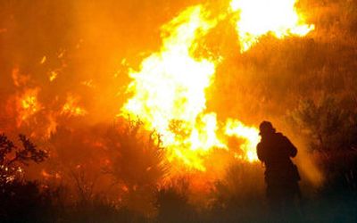 
A firefighter battles a 52,000-acre blaze in  California's Mojave National Preserve. 
 (Associated Press / The Spokesman-Review)