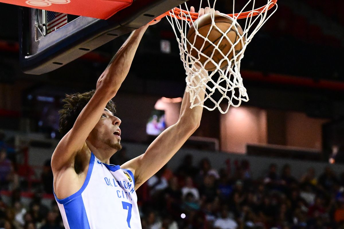 Oklahoma City’s Chet Holmgren dunks against Dallas during an NBA Summer League game on Saturday at the Thomas & Mack Center in Las Vegas.  (Tyler Tjomsland/The Spokesman-Review)