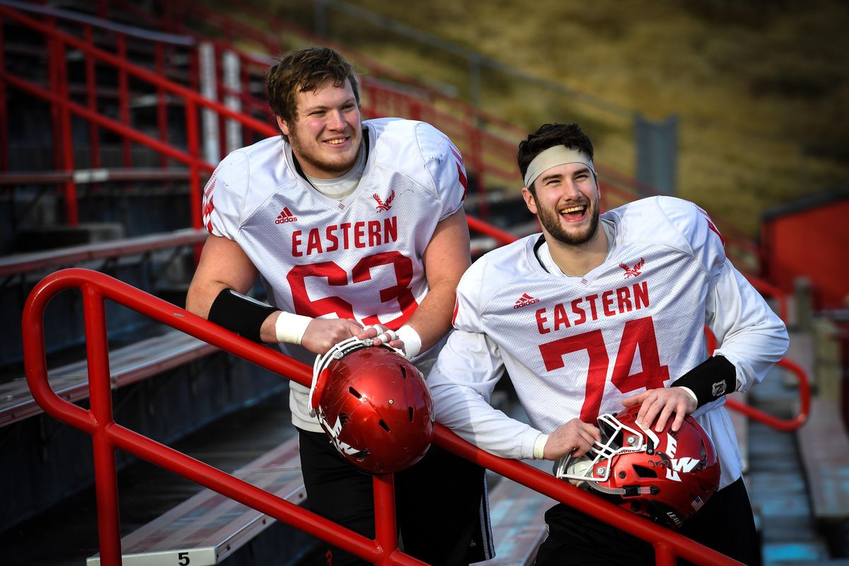 Eastern Washington offensive linemen Jack Hunter, left, and Beau Byus are two Spokane-grown seniors who have been solid this season for the  Eagles’ football team. (Dan Pelle / The Spokesman-Review)