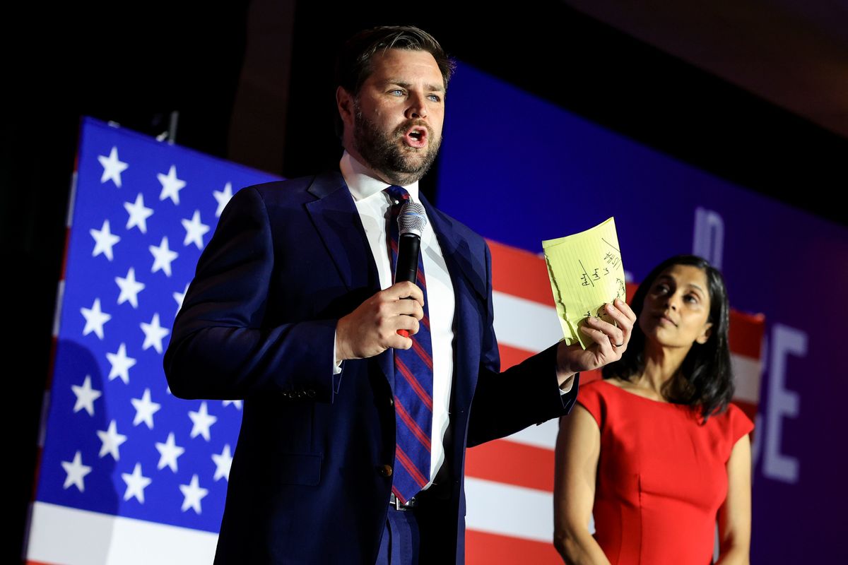 Republican Senate candidate and primary winner JD Vance speaks to his supporters during an election night watch party Tuesday in Cincinnati.  (Aaron Doster)